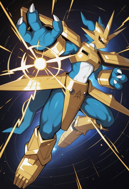 masterpiece,best quality,amazing quality, 1boy, solo,  m4gn4m0n, digimon (creature), gold helmet, gold breastplate, gold pauldrons, gold gauntlets, gold crotch plates, gold shin guards, gold footwear, full body, red eyes, tail, attack, galaxy,