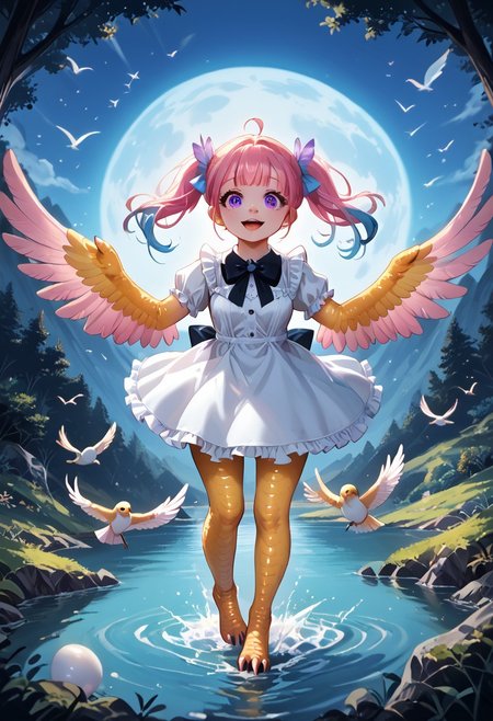 8K, best quality, best resolution,score_9,score_8_up,score_5_up,score_7_up,score_6_up,best quality,source_anime,winged arms, harpy,white dress,big eyes,detailed eyes,detail1eye,EyesHD,detailed face,BREAK,outside,mountain background, flying in mid-air,pastel lighting effect,light beam,full body,moon,night,