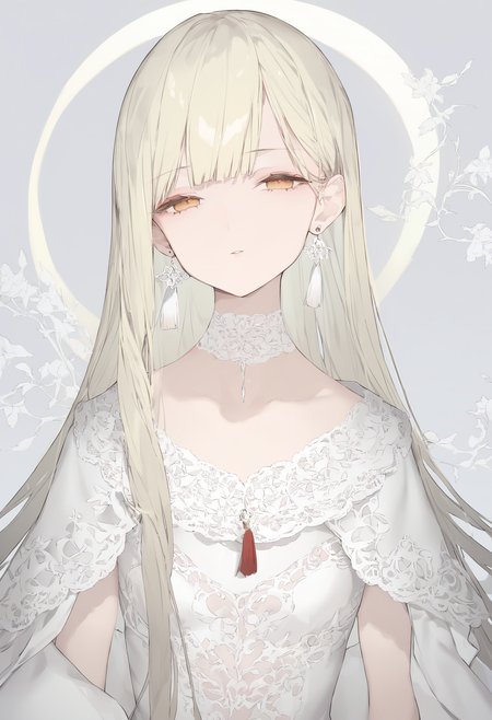 score_9,score_8_up,score_7_up,score_6_up,source_anime,
1 girl,bright amber eyes,long hair,white dress,lace capelet,wide hips,no lingerie,
white lace choker,half-closed eyes,expressionless,parted lips,little tassel earrings,looking at viewer,
blurry background,simple background,<lora:ãããã-000015:0.8>,