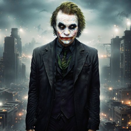 (animal:1.2), Joker, sad, fog, city, realistic, full body, black suit