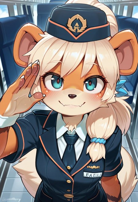 Wagashi_(Dagashiya), (mizumizuni:0.5), (wamudraws:0.5), (m-da_s-tarou:0.4), (porforever:0.5), (hotvr:0.3), 
(((growlithe furry, anthro, furry female))), (solo, flight attendant, hat, uniform, necktie, ponytail, saluting, standing, smile), looking at viewer, upper body, face focus, closeup, from front,
(amazing quality, very aesthetic, absurdres, best quality, newest, masterpiece, 4k resolution, detailed)