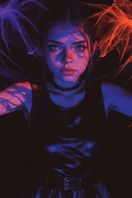 (vintagegirls:1.2) A hyper-realistic close-up portrait of a model’s face and upper body, dressed in a sleek black dress with a subtle metallic sheen. The dress is simple, focusing attention on the oversized surreal mesh veil draped over her head. The veil is made of translucent, flowing material in neon hues—electric purple, cobalt blue, and neon orange—creating a swirling, fragmented pattern with a surreal texture. Her hair is styled in a sleek high bun, and her makeup is minimal, enhancing her natural beauty. She wears a minimalist black choker, complementing her understated outfit. The shot is captured with a 50mm lens, f/1.4 aperture, using shallow depth of field to keep the model’s face and veil in sharp focus while the dark background softly blurs. Cinematic lighting gently highlights the veil’s texture, casting a halo effect around it, and illuminates the model’s face. The contrast between the dark background and the neon veil creates an ethereal, surreal mood. The lighting emphasizes the veil’s intricate pattern, while the color palette of neon against black enhances the avant-garde atmosphere. The overall mood is mysterious, elegant, and captivating, captured in HD and 8K for a polished, high-quality result. mythp0rt