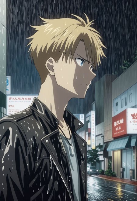 high resolution, professional photography, best quality, 1Boy, Yamato Ishida, blond hair, deep blue eyes, necklace, heavy rain, downtown, night, looking down, sad, leather jacket, looking away, OverallDetail