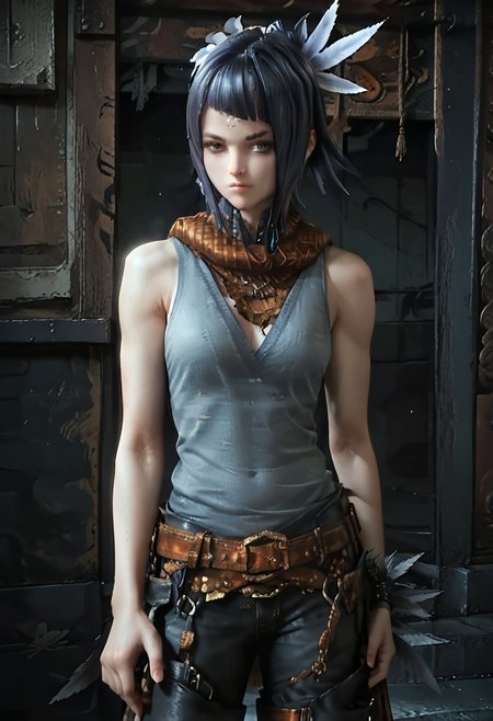 score_9, score_8_up, score_7_up,high quality,highly detailed, mirania,1girl, solo, black hair, hair ornament, short hair, feather, hair ornament, boots, feathers, belt, singlet, leather pants, looking at viewer