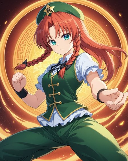 hong meiling,1girl, solo, twin_braids, pants, star_\(symbol\), chinese_clothes, hat_removed, magic_circle, short_sleeves, hair_bow, fighting_stance, shirt, looking_at_viewer, hair_ribbon, vest
<lora:hong_meiling_image3632_2023-12-11-000004:1>,star-shaped_pupils,symbol-shaped_pupils,. gorgeous,key visual, vibrant, studio anime,award-winning, professional, highly detailed,high budget, cinemascope