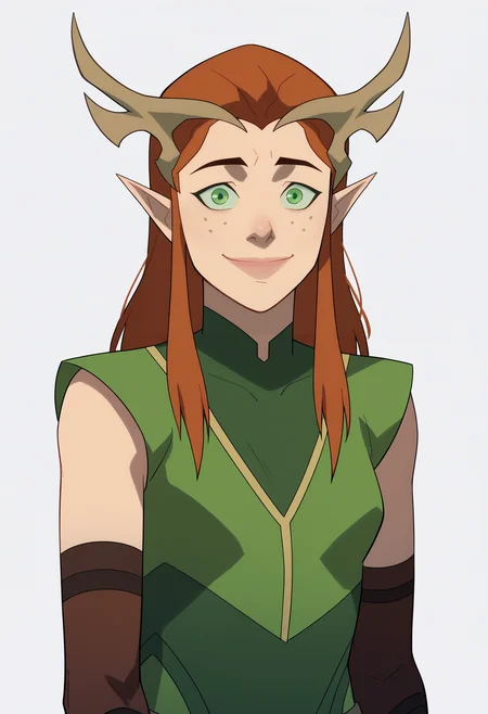 score_9, score_8_up, score_7_up, BREAK,
1girl, keyleth, ginger hair, green eyes, long hair, pointy ears,
antlers crown, freckles,
fingerless elbow gloves, green short robe,
upper body, smile, solo, looking at viewer, simple background, white background   <lora:KeylethPDXL_byKonan:1>