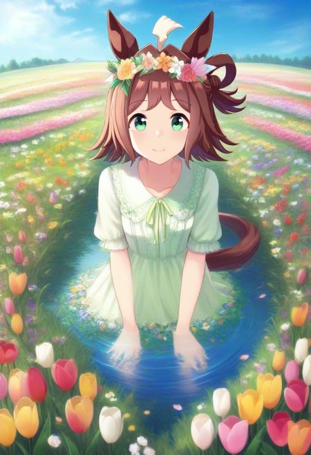 Tulip flower hair_ornament, (umamusume, rhein_kraft_(umamusume), horse_ears, horse_girl, tail, 1girl, ahoge, animal_ears,)
casual, field, flower, flower_field, green_eyes, hair_between_eyes,
head_wreath, looking_at_viewer,  solo, aesthetic, absurdres, symmetric ,spiralling vortex made of multicoloured tulips, lush foliage sunrise,  ripples, reflective, jaynl-tm, rainbow, , g0ldsw0rthy,
(realistic, photo,  artistic, medium_hair, one_eye_closed, petals, relaxing, smile,  : 0.7)