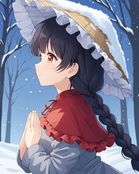 yatadera narumi,1girl, solo, snow, red_capelet, ajirogasa, grey_dress, twin_braids, own_hands_together, snowing, smile, long_sleeves, upper_body, clothes_writing, winter, closed_mouth, outdoors, tree, from_side, frills, profile, breath
<lora:yatadera_narumi_image528_2023-12-20:1>,star-shaped_pupils,symbol-shaped_pupils,. gorgeous,key visual, vibrant, studio anime,award-winning, professional, highly detailed,high budget, cinemascope