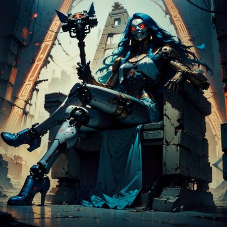 (score_9, score_8_up, score_7_up), (egyptian neon lights, cypberpunk, egyptian city, egyptian pyramid \(structure\), thick lineart, sharp edges),
BREAK
dutch angle, full body, solo, 1women, red eyes, long hair, blue hair, lust grin, dark-skinned female, egyptian clothes, mask respirator, female focus, robot, cyborg , android, mechanical arms, cyborg, robot joints, mechanical parts, tube, spine, cybernetic neck, bionic torso, bionic skin, holding egyptian scepter, sitting on throne
BREAK
grim, dark atmospher, science fiction,
<lora:Concept Art Twilight Style SDXL_LoRA_Pony Diffusion V6 XL:0.8> <lora:Bad_Hands_lora:0.8> <lora:add-detail-xl:0.8>   <lora:GN_v1.4:0.8>