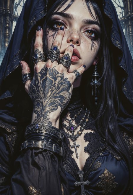 (amazing transcendental's dream:3.5) The photo depicts a powerful gothic sorceress, her face partially hidden by her elegantly adorned hand. She has pale, slender fingers, on which several silver magical rings, set with dark gemstones like onyx and amethyst, glimmer. Her hand is decorated with mysterious tattoos that seem to pulse with a dark energy.She wears a gothic ensemble, a black velvet dress richly embroidered with occult patterns. Her long black hair frames her pale face, and her eyes, accentuated with dark makeup, shine with an intense light. Large silver necklaces, with pendants shaped like crosses and ancient symbols, rest on her chest. The background is misty, with shadows dancing around her, enhancing the mystical and sinister atmosphere of the scene,  (maximum ultra high definition image quality and rendering:3), maximum image detail, maximum realistic render, (((ultra realist style))), realist side lighting, , 8K high definition,  realist soft lighting, (amazing special effect:3.5) <lora:FluxMythG0thicL1nes:0.6> <lora:FluxMythR3alisticF:0.5> <lora:RetroAnimeFluxV1:0.6> <lora:OB半写实肖像画V2.0:0.6>