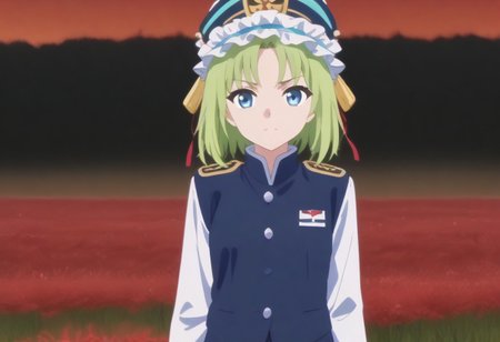 1girl, solo, solo focus, highres, absurdres, shikieiki, green hair, frilled hat, blue eyes, blue headwear, short hair,
long sleeves, black skirt, white shirt, blue vest, red ribbon, epaulettes, small breasts, arm ribbon, buttons, 
looking at viewer, head tilt, 
spider lily, flower field, night sky, red sky, dark, red theme,