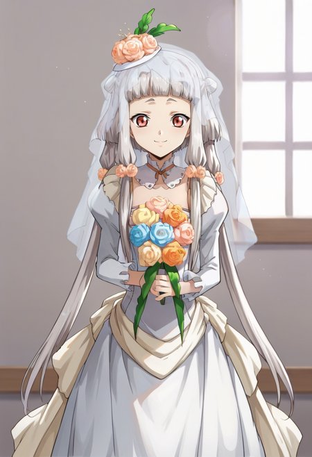 score_9,score_8_up,score_7_up,anime coloring BREAK source_anime,anime,<lora:Tianzi_Code_Geass_Pony:0.8>,tianzi,1girl,solo,long hair,red eyes,bangs,grey hair,sidelocks,blunt bangs,hair flower,twintails,bride,wedding dress,bridal veil,bouquet,smile,standing,indoors,wedding hall,looking at viewer,