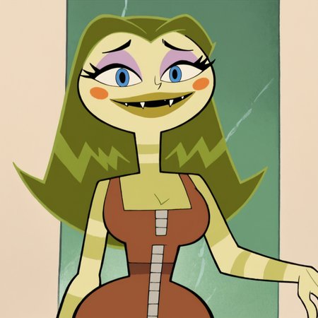 score_9, score_8_up, score_7_up, 1girl, Tammy, blue eyes, green skin, colored skin, green hair, long hair, fangs, medium breasts, narrow waist, wide hips, looking at viewer, highres, high quality, masterpiece, <lora:Tammy:1>