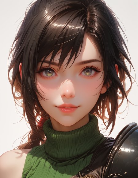 zPDXLxxx, Expressiveh, 

Yuffie, Sleeveless turtleneck, Cowl, Armor, Materia orb,

small breasts, natural sagging breasts,

score_9, score_8_up, score_7_up,score_6_up,

highres, high quality, perfection, masterpiece, detailed, source_anime, simple white background, 1girl, solo, front view portrait, face focus, intricate features, beautiful girl, young adult, youthful, petite body, detailed face, beautiful face, innocent face, eyelashes, perfect eyes, detailed eyes, medium breasts, clothed, black lace shirt, black lace choker, standing, smiling, looking at viewer,