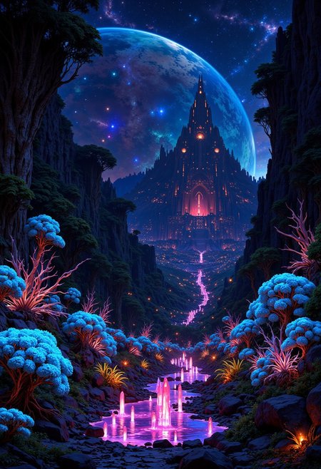 Colorful bioluminescence plants in forest, crystals and glowing path leading to an ancient castle, fireflies, Pandora planet at night, blue and pink glow, epic landscape in background, hazy planet in the sky, galaxy and stars in the sky, rim light, volumetric light, colorful, contrast, breathtaking, scattered mist, night, ultra high definition computer render, unreal engine, ISO 0