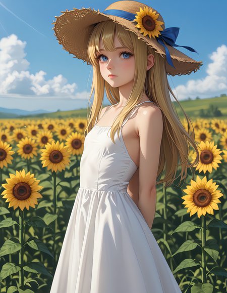 score_9_up, score_9, score_8_up, score_7_up, rating_explicit, 1girl, flat chest, tiny tits,dress,solo,hat,flower,outdoors,straw hat,long hair,white dress,blonde hair,sunflower,blue eyes,arms behind back,blurry,sky,day,field,cloud,closed mouth,bare shoulders,sleeveless dress,blurry background,sleeveless,depth of field,standing,flower field,sundress,looking at viewer,blue sky,sun hat,from side,yellow flower,sunlight,small breasts,backless outfit,backless dress, <lora:ill-xl-01-void_0_1-000036:1>,
