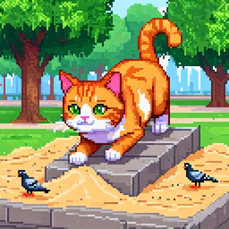 Pixel Art, 64, ginger cat in a city park, playing, slide, slipping, climbing, fun, pigeons, sand, comic style,