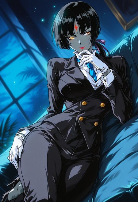 LuluBellDGR, 1girl, solo, colored skin, grey skin, facial marks, black hair, long hair, blunt  bangs, ponytail, hair ribbon, yellow eyes, sunglasses, lips, red lipstick, formal suit, pant suit, black jacket, white shirt, blue necktie, large breast, white gloves,  black pants, black shoes, thick thighs, high heels,
,seductive pose, sexy pose, tease, 
masterpiece, best quality, fine details, intricate details, depth of field, subsurface scattering, bokeh,
 ultra-detailed, very aesthetic, detailed background, newest, scenery, highres, absurdres, colorful, vibrant, glowing, perfect face, 2d, perfect eyes,  vibrant saturated colors, volumetric lighting, sharp, detailed eyes, perfect anatomy,  perfect face, perfect eyes, mature body, clear eyes, beautiful eyes, athletic, curvy body, athletic girl, perky tits, perfect tits, round breasts, pinup pose, teasing, lustful expression, perfect hands, 
muscular female, dutch angle, 
,lying sideways on a couch,  seductive smirk, night, shy, light particles, glowing, fireflies, blurry background, futanari, bulge, 
,Smooth Negative, Smooth_Quality,
90s_anime_aesthetic, 1990s (style), retro, retro artstyle,dark_fantasy_style, dark fantasy, retro,