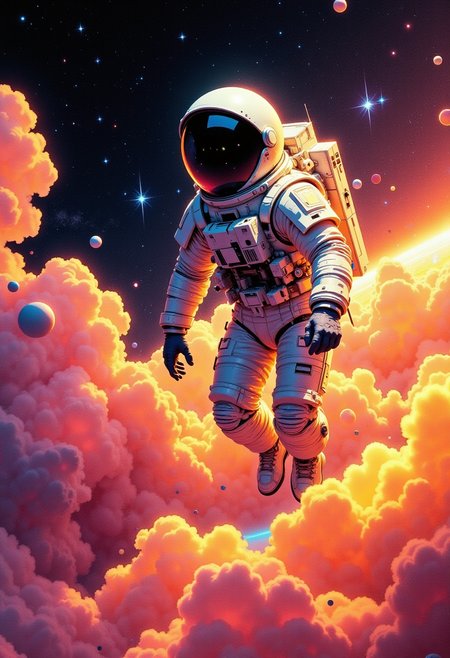 Vivid photo, masterpiece, high-quality,  high contrast, smoke effects, motion blur, dynamic lighting, Create an image of an astronaut floating in space, their suit reflecting soft yellows and pinks against the dark sky. The distant planet below them has hues of peach and orange, while faint stars sparkle in shades of white and pink. This piece uses a gentle yet vibrant color palette, evoking a sense of awe and mystery, like a surreal, colorful space illustration.
