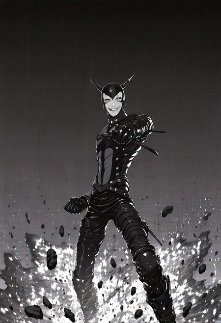 masterpiece, best quality, tsutomu nihei, insane harlequin, dynamic character, (close-up:0.2), (explosion:0.9), (broken concrete:0.9),  asymmetrical, monochrome