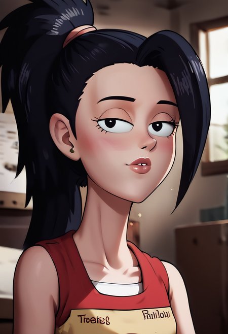 (ultra HD quality details), Detailed illustration, score_9, score_8_up, score_7_up, score_6_up, PRSNL, w_g_f, uncensored , pupils black dots, 1girl, lips,
kale, black hair, ponytail, black eyes,
Warm light, indoors,
((Upper body)),