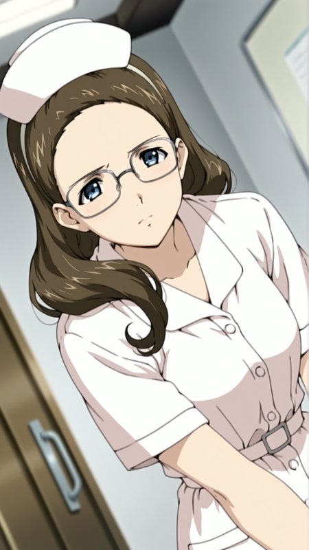 source_anime, general, best quality, masterpiece, 1girl,  <lora:Marie_ill:1> marie\(gunxsword\),blue eyes,tareme,brown hair,long hair,glasses,mature,nurse,  nurse cap, hairband, serious,   dynamic pose, dutch angle,
