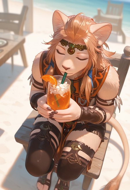 masterpiece, best quality, amazing quality, absurdres, 
score_9, score_8_up, score_7_up BREAK, solo focus, depth of field,
Expressiveh, 1girl,
wuklamat, solo, 1girl, body fur, animal nose, claws, long fingernails, black fingernails, tail, green eyes, long orange hair,
tribal armor, circlet, brown armguards, brown legguards, brown sandals
(furry girl), fur, animal ears, lion tail, 
wide hips, sexy, perfect body,, 
((closed eyes)),
(beach), (beach background), (indoors), sitting at a table, chair, view from above, (drinking juice), (juice glass with a straw),