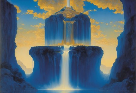 award winning painting of a floating castle in the air, a waterfall flows from the castle to the ground, epic composition, detailed, parts made of deep blue crystal,  intricate, Maxfield Parrish Style page
