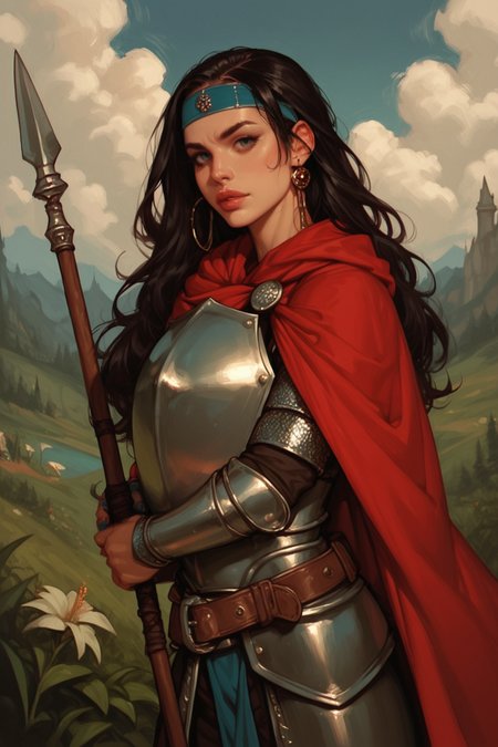 1girl, weapon, polearm, shield, solo, black hair, holding, holding polearm, holding weapon, spear, , jewelry, nail polish, outdoors, earrings, cape, long hair, holding shield, looking at viewer, armor, red cape, blurry, sky, belt, headband, cloud, blue nails, blurry background, lips, zPDXL3, detailxl,  Score_PnyReal