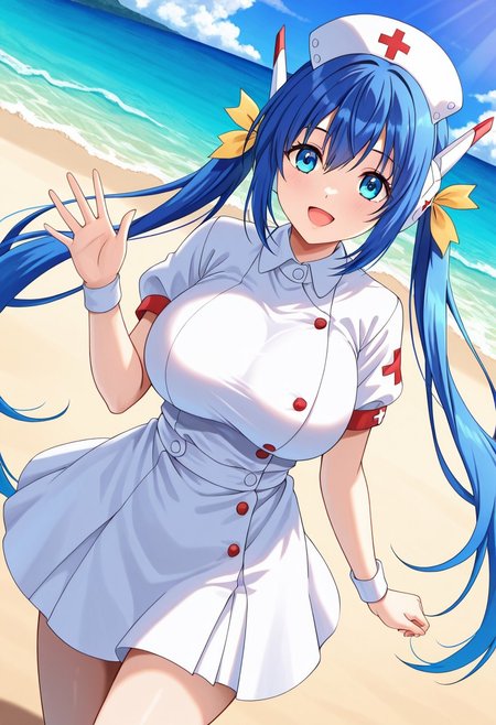 general,highres, ultra-detailed,very aesthetic,best quality ,best hands,best eyes,easynegative,
dynamic anglre, dutch angle, anime cloring,
1girl solo,looking at viewer,sea,beach,walking, smile, open mouth, 
Septem,blue_eyes, blue_hair, long twintails, hair ribbon, yellow ribbon, huge_breasts, robot ears, white nurse cap,dress,