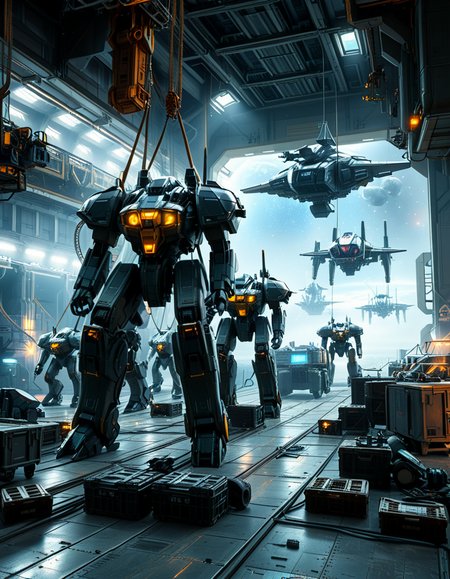 A massive, futuristic spaceship hangar filled with towering battle mechs undergoing maintenance. The hangar is dimly lit, with industrial lighting casting a cold, bluish glow over the metallic surfaces. The high ceiling is lined with steel support beams, catwalks, and suspended cranes used for repairing the massive war machines. The walls are adorned with warning signs, control panels, and illuminated holographic displays providing diagnostic data on the mechs. In the foreground, a colossal mech stands on a heavy-duty platform, its armored plating showing signs of battle damage, with exposed mechanical parts being worked on by robotic arms. The ground is marked with yellow hazard lines and scattered with tools, power cables, and spare parts. Steam rises from various vents, adding to the gritty, industrial feel. In the background, more mechs are stationed in docking bays, with their weapons and mechanical limbs being adjusted by automated repair systems. A large open bay door at the far end reveals the vastness of space, with distant stars and a massive planet visible beyond the hangar. The scene is detailed, immersive, and full of high-tech military sci-fi energy.
<lora:SDXLFaeTastic2400:0.4> <lora:extremely_detailed:0.4> extremely detailed,<lora:mechwarriors_spaceship_h4ng4r:1>,mechwarriors spaceship h4ng4r, Masterpiece,best quality,hi res,8k,hi res,8k,award winning,(sharp focus, intricate, highly detailed),