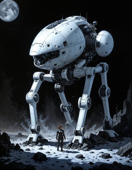 hyper realistic and highly detailed, monochrome masterful traditional oil painting by Julie Bell , by Matt Fraction , by Chris Van Allsburg  , famous artwork inspired by (jae cheol park:1.3), (dramatic scene:1.4), the "slimy jibboblampfs" are (colossal biomorphic mechs:1.2) that merge organic and synthetic components to adapt to the harsh conditions of the zibzorbled spaceship graveyards on planet "aeldaberry quartus", scavenging resources from spaceship wrecks to add to their ostonfering bodies, dramatic detailed background, (dappled light:1.1) , perfect composition, full panoramic shot
<lora:xl_more_art-full_v1:0.5> <lora:- SDXL - vanta-black_contrast_V3.0:0.5> <lora:Into_Darkness:0.5>  <lora:add-detail-xl:0.5> <lora:sss:0.6> sss