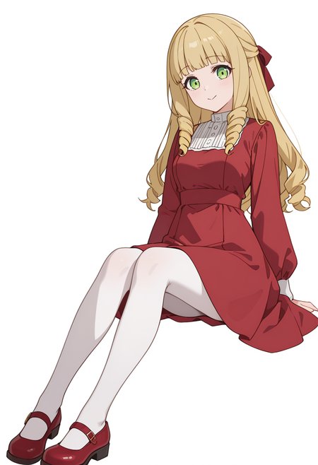Smooth Quality,masterpiece,very intricate, high quality details, high detailed skin,detailed enviorement,absurdres, 
simple background, white background,front view,
 :>,
 <lora:Fiatoio_Annacnn:0.7>
fannacnn, 1girl, blonde hair, green eyes, long hair, blunt bangs, sidelocks, drill hair, 
white pantyhose, red dress, long sleeves,bow, hair ribbon, white shirt,mary janes,