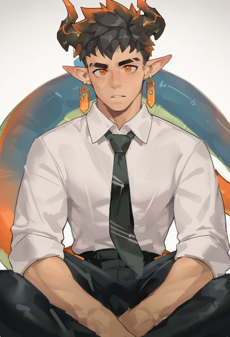 <lora:mingfeng-000008:1>,mingfeng,1boy,necktie,male focus,cowboy_shot,shirt,horns,solo,black hair,tail,pointy ears,looking at viewer,dragon boy,multicolored hair,white hair,jewelry,pants,sitting,dragon tail,earrings,orange eyes,black pants,dragon horns,parted lips,shirt,short hair,bangs,somoss,score_9,score_8_up,score_7_up,score_6_up,rating_explicit,