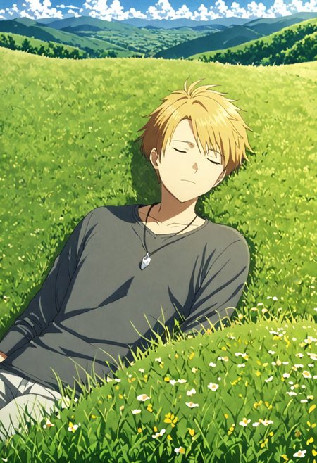 high resolution, solo, best quality, 1Boy, Yamato Ishida, Blond Hair, Necklace, relax, sleep, meadow, hill, grass hill, cloudy, OverallDetail