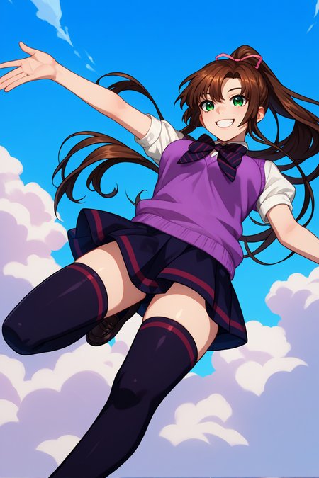 score_9, score_8_up, score_7_up, score_6_up, source_anime, 1girl, solo, <lora:kirasakasayaka-pdxl-nvwls-v1-000005:1> stbsk, brown hair, green eyes, ponytail, hair ribbon, black bowtie, striped bowtie, white shirt, purple sweater vest, short sleeves, pleated skirt, black skirt, black thighhighs, breasts, looking at you, smile, happy, blue sky, full body, black socks, loafers, jumping, from below, clouds
