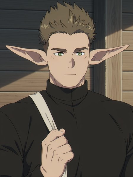 Kraft, green eyes, brown hair, short hair, pointy ears, 1 boy, solo, male focus, bara, masterpiece, best quality, amazing quality