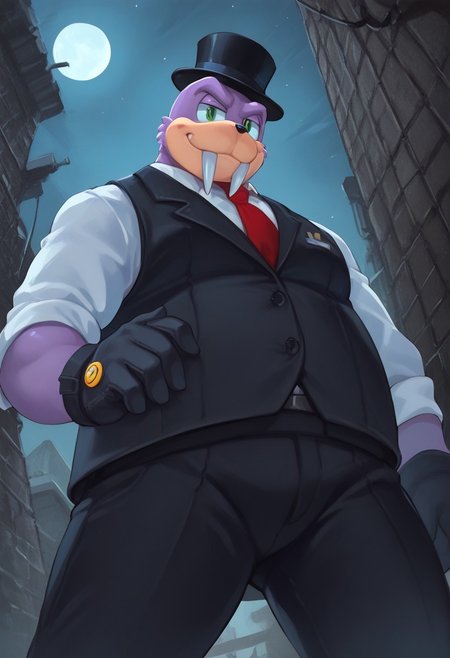 score_9, score_8_up, score_7_up, furry male, Rotor the walrus, green eyes, fangs, furry,  furry anthro, alley, dutch angle, posing, from below, clothed, (((dutch angle, posing, from below))), walrus, fat, overweight, walrus tusks, squinting eyes, smile, solo, 1boy, male focus, <lora:pony_monocles-step00000800:1>,(monocle),round eyewear, top hat,, suit, gloves, furry male, mustache, necktie, a robber-baron wearing a monocle on a chain on his left eye, top hat, white shirt, black vest from 1900 holding a pocketwatch, standing
BREAK
city, ruins, back alley, outside, night, moon, stars, ambient light,