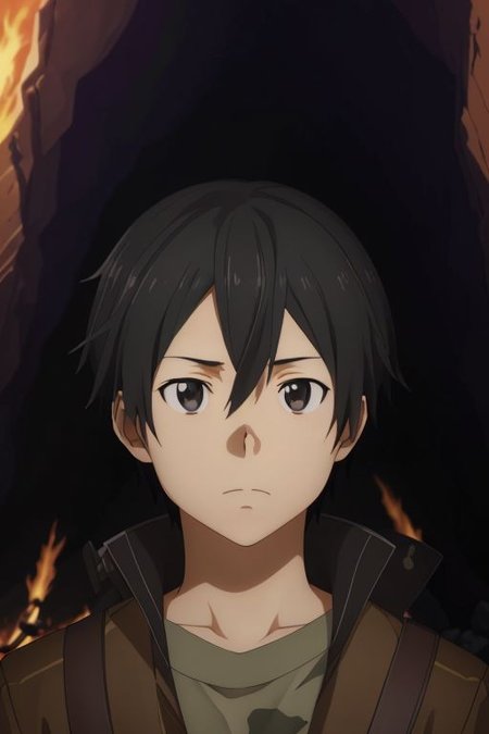 high resolution, solo, best quality, 1Boy, Kazuto Kirigaya, portraits, Black Hair, Black Eyes, cave, bunker, field Ration, bonfire, OverallDetail