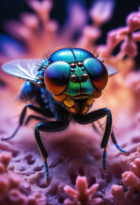 Front view of a fly, symmetrical, 2 fly eyes, showcasing its intricate compound structure with hexagonal facets. Use a fisheye lens effect to emphasize curvature and depth. Highlight vibrant, iridescent colors and reflections, capturing the unique light interaction. Softly blur the background to maintain focus on the eye's details, creating a striking and immersive image
<lora:aidmaMTG-CardsXL-v0.1:1> ,mtg, mtg card, 
(score_9, score_8_up:1.1), score_7_up,