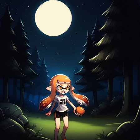 score_9, score_8_up, score_7_up, score_6_up, score_5_up, score_4_up,
luminekoStyle
inkling girl, splat shorts, splat shirt, splattershot (splatoon), 
Night, forest, moon, eyes in the dark, trees, scared, holding splattershot,