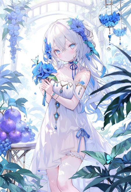 masterpiece, best quality, <lora:oninekoXL_ANI31_lokr_V43P1:0.95> 1girl, flower, solo, bug, hair ornament, dress, butterfly, blue eyes, hair flower, long hair, looking at viewer, white dress, holding, bare shoulders, hair between eyes, blue flower, fruit, white hair, strapless, strapless dress, water drop, food, standing, collarbone, blush, blue butterfly, closed mouth, choker, ribbon, jewelry, leaf, bridal garter, feet out of frame, plant, blue ribbon, sleeveless dress, holding flower, bracelet, sleeveless