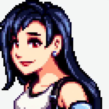 score_9, score_8_up, score_7_up, source_anime, BREAK, solo, 1girl, smile, looking at viewer, <lora:Stardew-Valley-Portraits-pdxl_Fp:1>, portrait, simple background, pixel art, white background, <lora:tifa-pdxl-nvwls-v1:0.8>, defTif, red eyes, black hair, low-tied long hair, earrings, white sports bra, black suspenders, elbow pads, from side,