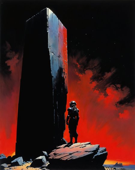 Monolith, 2001 space odyssey, Frank Frazetta style,  ruby, black background, <lora:add-detail-xl:1.0>  <lora:xl_more_art-full_v1:0.5>