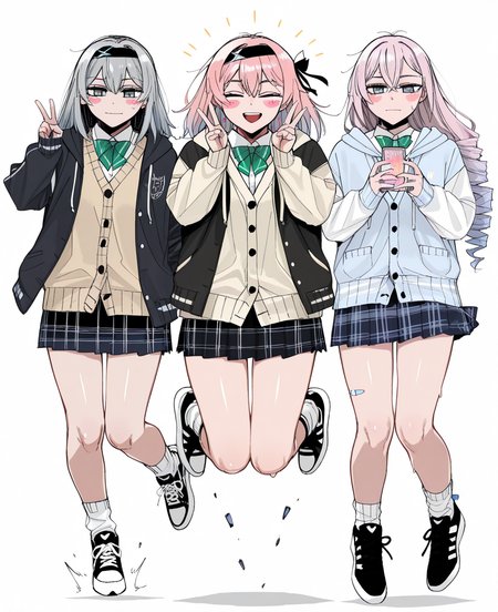 <lora:carrot_011:1> carrot_011,
(masterpiece), (best quality), (ultra-detailed), amazing quality, very aesthetic, illustration, perfect composition, intricate details, absurdres, incredibly absurdres, shiny skin, realistic,
 carrot_011, multiple girls, skirt, grey hair, shirt, 3girls, jacket, shoes, open mouth, black hairband, pink hair, blue skirt, long hair, phone, bandaid, hairband, v, plaid skirt, blush, white shirt, collared shirt, smile, sneakers, black jacket, plaid, socks, bow, alternate costume, pleated skirt, closed eyes, cellphone, necktie,  phone, grey eyes, full body, school uniform, blue eyes, closed mouth, long sleeves, sweater vest, ribbon, bowtie, bandaid on leg, white socks, , drill hair, green bow, blush stickers, hood, d, looking at viewer, smartphone, black footwear, medium hair, jumping, sweatdrop, blue jacket, hair between eyes, black skirt, cardigan, general