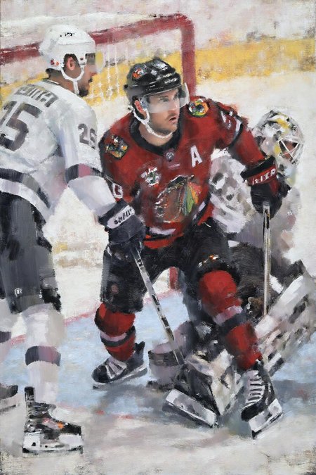 marklague1 painting.
A hockey player in a red jersey is captured in motion, skating or preparing to shoot. The player wears a helmet, padded gloves, and skates. There is another player on the left. On the right is a goalie protecting the net. <lora:marklague1_cap_d8a4e12:1.0><lora:855118005250586282:0>