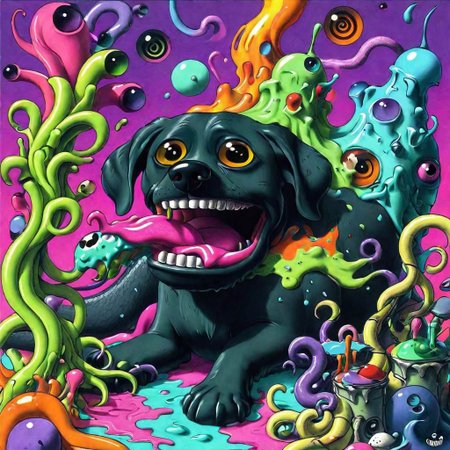 A crazy psychedelic melty color world everything is melting paint melty plastic looking, insane vivid colors, rich saturation, vibrant, elaborate, best quality, perfect detail, magical, absurdres, Psychedelic masterpiece, very animated cartoonish silly expressions, cosmic eldritch Lovecraftian otherworldly ethereal haunting ghostly unnatural alien big fat black lab mix, JimmyAlonzo, Surreal psychedelic bizarre insane eldritch horror cosmic old ones, awesome outer space cyborg robot black hole wormhole dogs