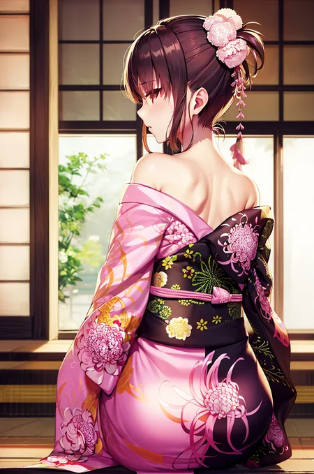 (masterpiece,best quality, detailed), 1girl, solo, indoors, sitting, from behind, off shoulder,
ryougi shiki, sash, floral print, kanzashi, sidelocks, short ponytail, multicolored kimono, obijime