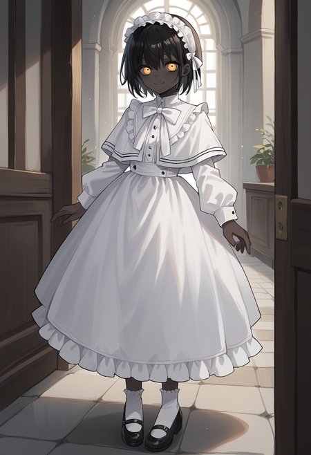 masterpiece, best quality, uncensored, source_anime, score_9, score_8_up, score_7_up, score_6_up, score_5_up, score_4_up, 1girl, solo, theprincess, dark-skinned female, very dark skin, black hair, short hair, yellow eyes, maid headdress, frilled hairband, white dress, long sleeves, capelet, white bow, smile, full body <lora:ThePrincess:0.8>