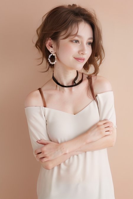 (1girl), (best quality), (masterpiece), (high resolution), (intricate details), (photorealistic), (cinematic light),  <lora:short_hair:0.8>, 
solo, brown hair, nape, blurry, upper body, blurry background, wavy hair, smile,  realistic, looking at viewer, lips, upper body, off shoulder, shirt
white background, upper body, brown eyes, closed mouth,  profile, lips, nose, portrait, earrings, parted lips, black choker, ear piercing
sleeves past wrists, simple background ,